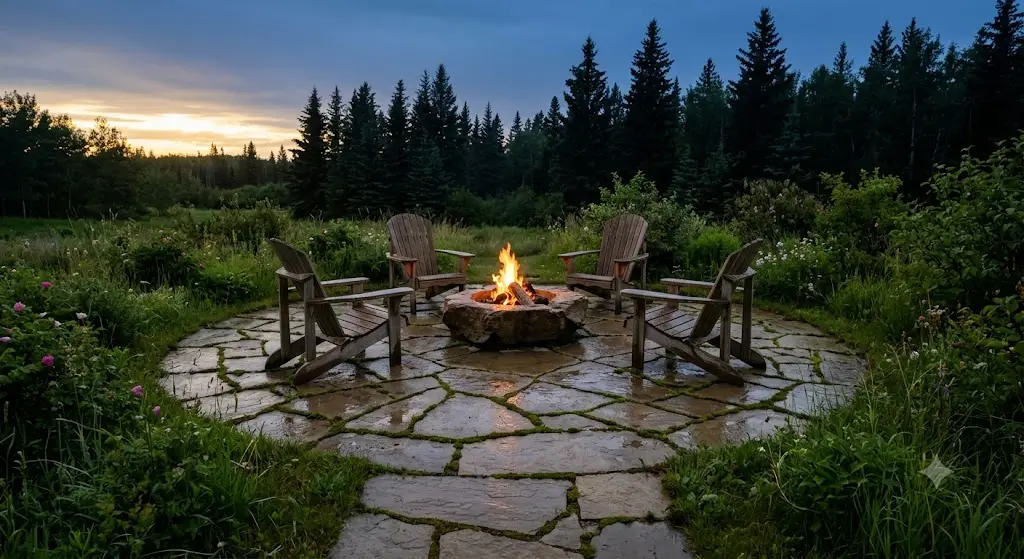 Stone patio and fire bowl. An evening room without a roof