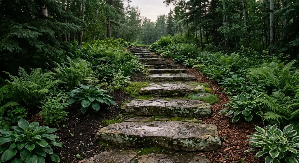 Slab steps through a planted slope. Set to shed water, safe in frost