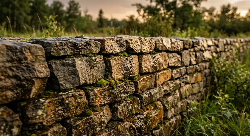 Dry-stacked retaining wall. Split-face stone, hand-fitted